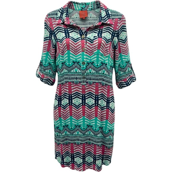 Tracy Negoshian Dresses & Skirts - Tracy Negoshian Shift Dress Womens XS Pink Teal Geometric Chevron 3/4 Sleeve